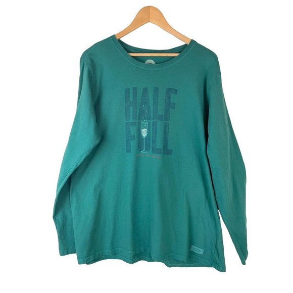 Life Is Good Top Women Size XXL Green Classic Fit Glass Half Full Graphic TShirt - Picture 1 of 11